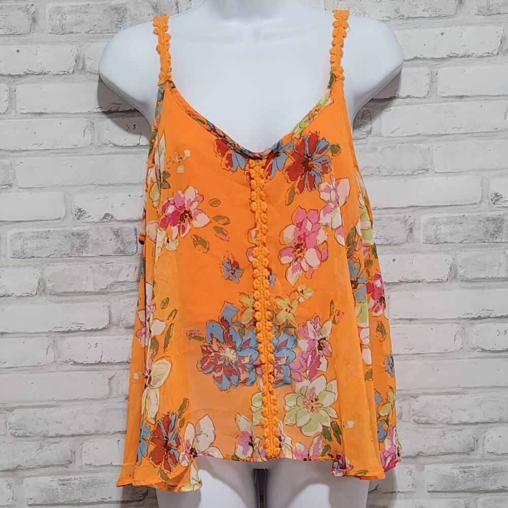 PPLA Tank Top Floral Crochet Lace Straps Summer Sheer Top Boho Womens Large